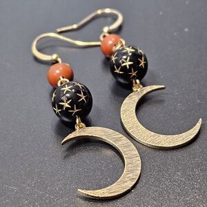 Stainless Gold Tone Luminary Earrings Moon Stars Celestial Black Mystical Witch